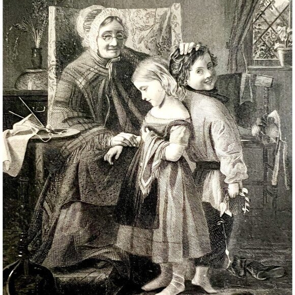 Deceiving Granny Prank Steel Engraving 1859 Victorian Children Art DWY5F